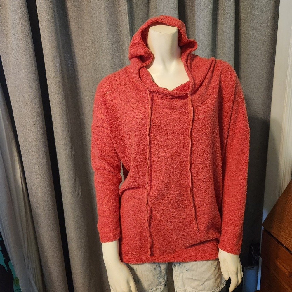 Bobeau Nubby Knit Slouch Hoodie Semi Sheer‎ Coral Pink Drawstring Yoga Arobics S